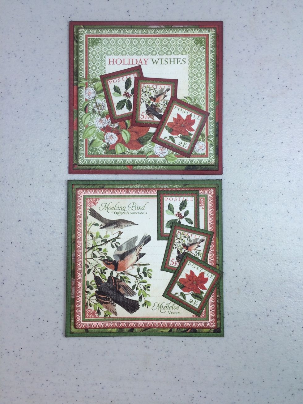 Adhere the postage stamp units to the cards, overlapping as desired. Done!