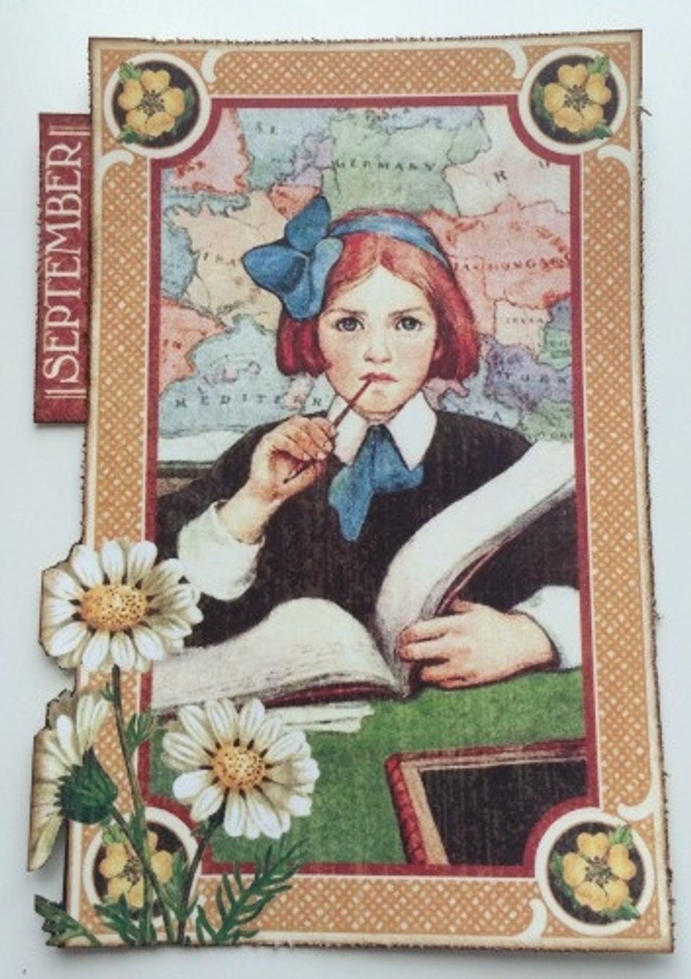 Adhere the September calendar cut apart to the left hand side of the girl image.
