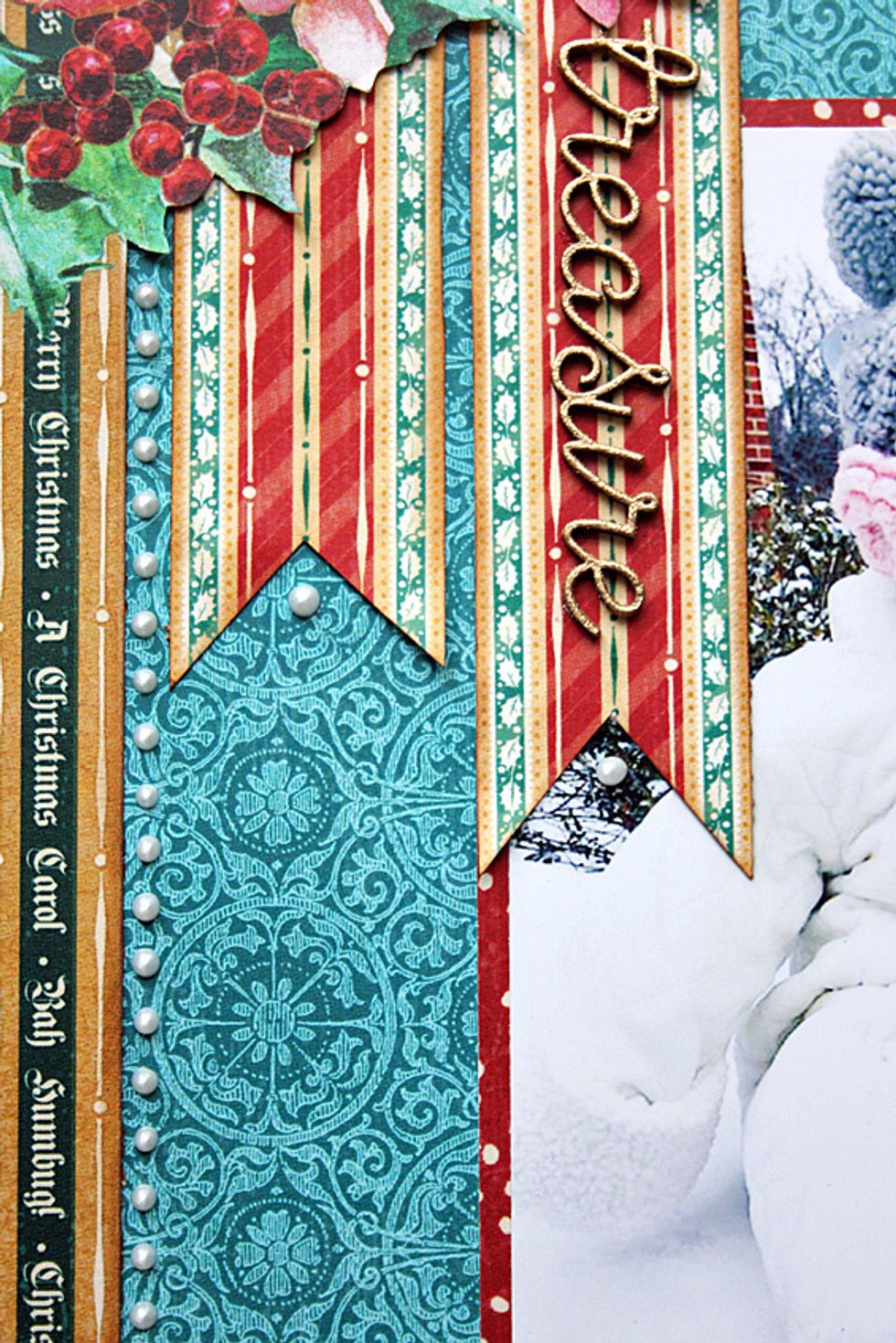 Adhere the strips to the upper left side of the photo.  Heat emboss your chipboard title using gold embossing powder.   Adhere to the center of the longest banner.