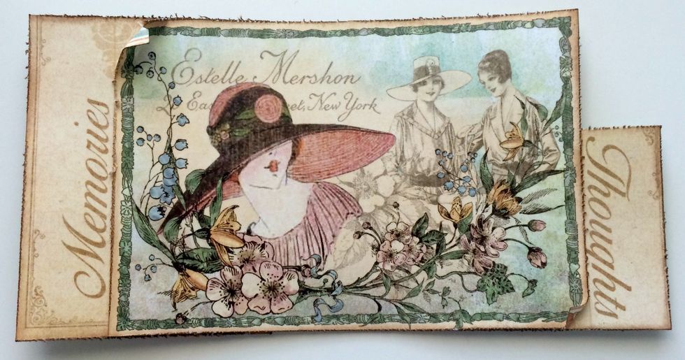 Adhere the "Thoughts" card to the bottom right corner of the decorative card. Adhere the "Memories" card to the left side of the decorative card. Curl the top left and bottom right corners down.