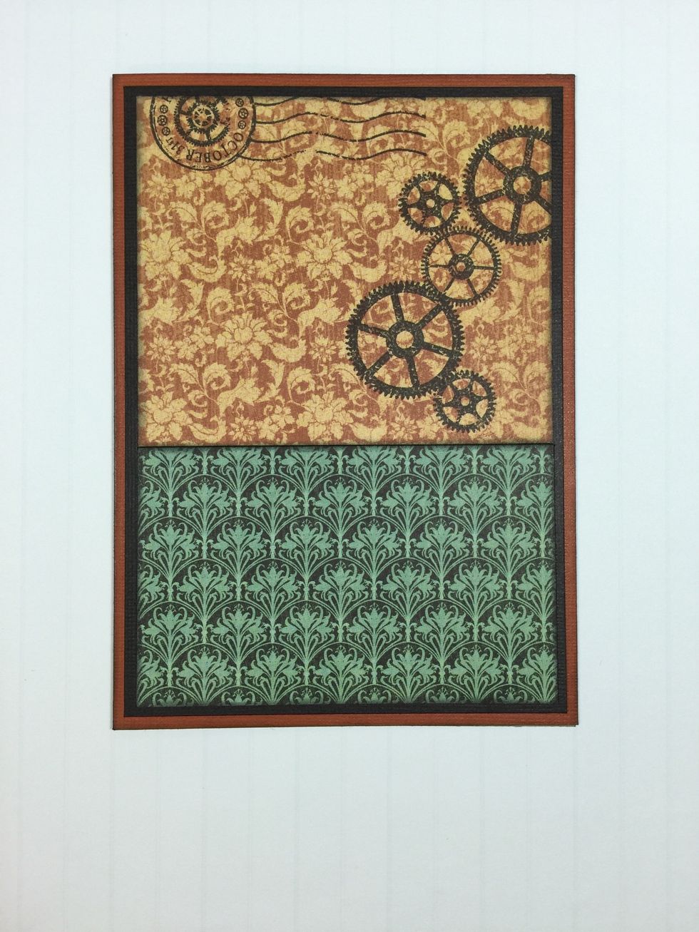 Adhere this piece and the green pattern paper piece to card front.