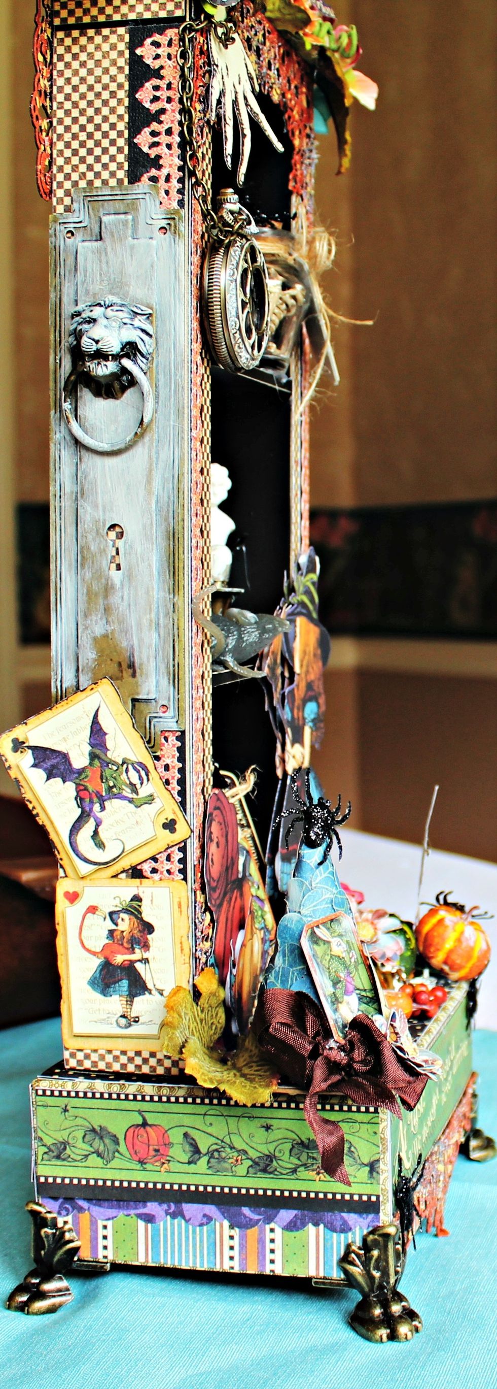 Adhere Window Shadow Box to prepared Book Box Stand to form hall tree. Add door plate and knob to side of hall tree. .