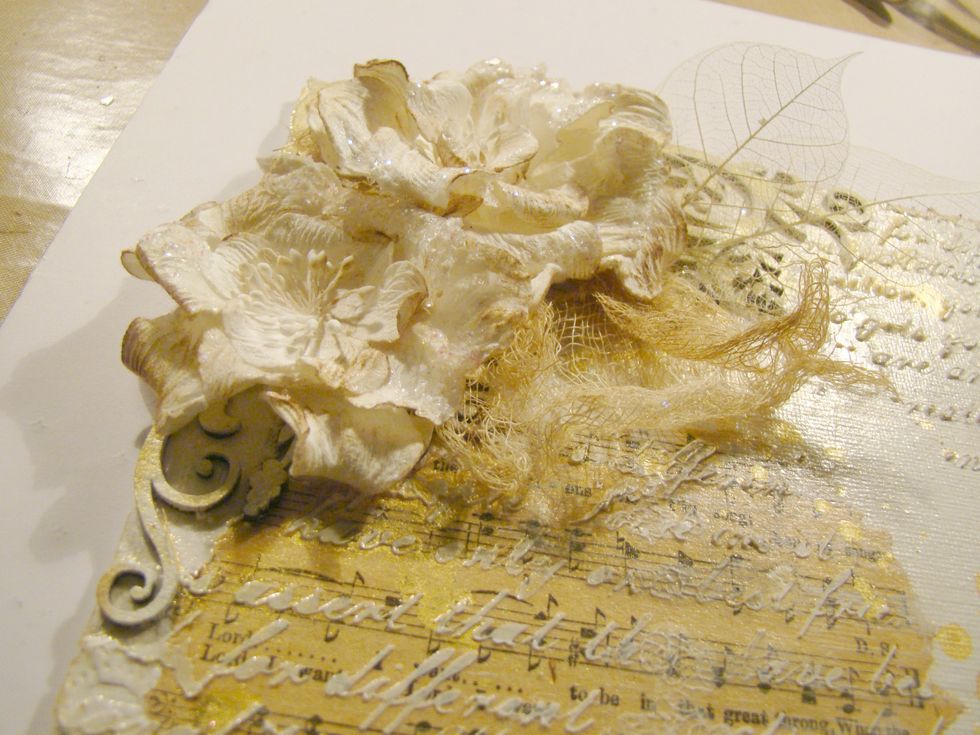 Adhere your cheese cloth and add flowers. I lightly touches the petals with Gathered Twigs DI.