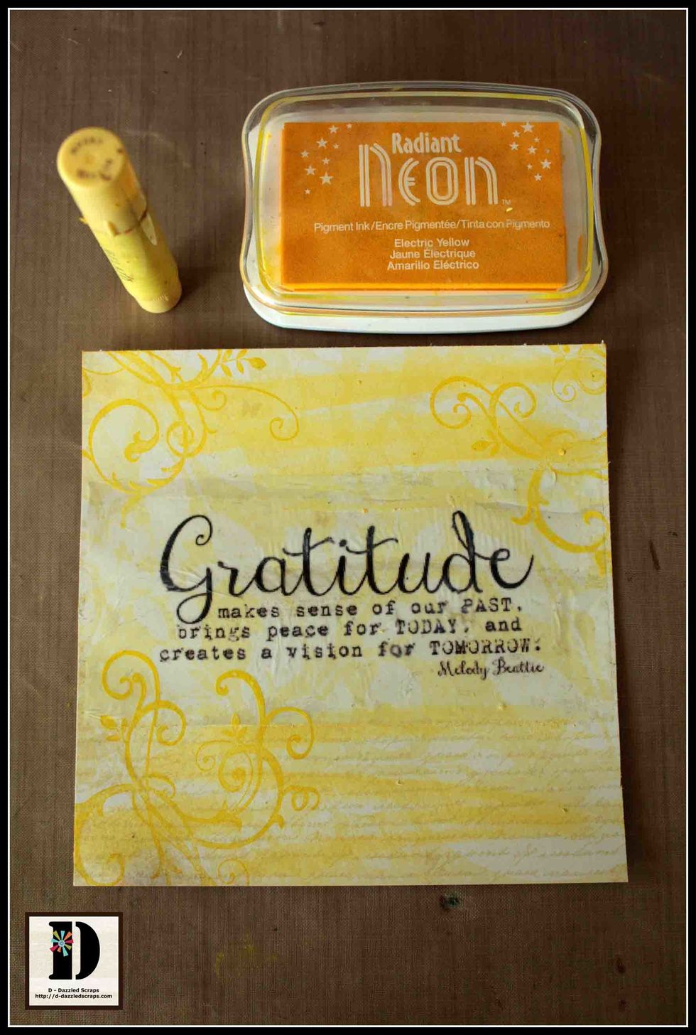 Adhere your sentiment following manufacturers instructions to your chosen paper. Then using a Gelato and Ink add interest such as scribble and some stamping with a flourish stamp.