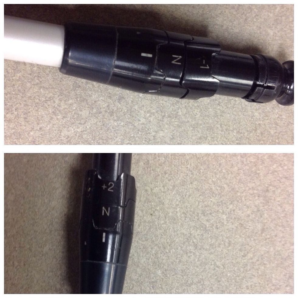 Adjust the pieces on the shaft to change the loft angle. Changed to a lower loft (top) Changed to a higher loft (bottom)
