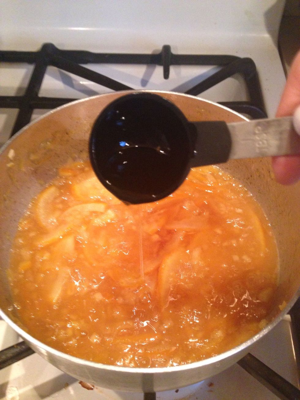After 1.5 hours the oranges will begin to candy, at this point add the apricot brandy. And make yourself a cocktail, you deserve it!