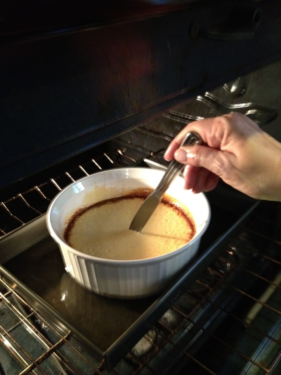 After 1 hour chech the flan custard with a knife- it should be clean when it comes out- don't overbake because the flan will taste rubbery later