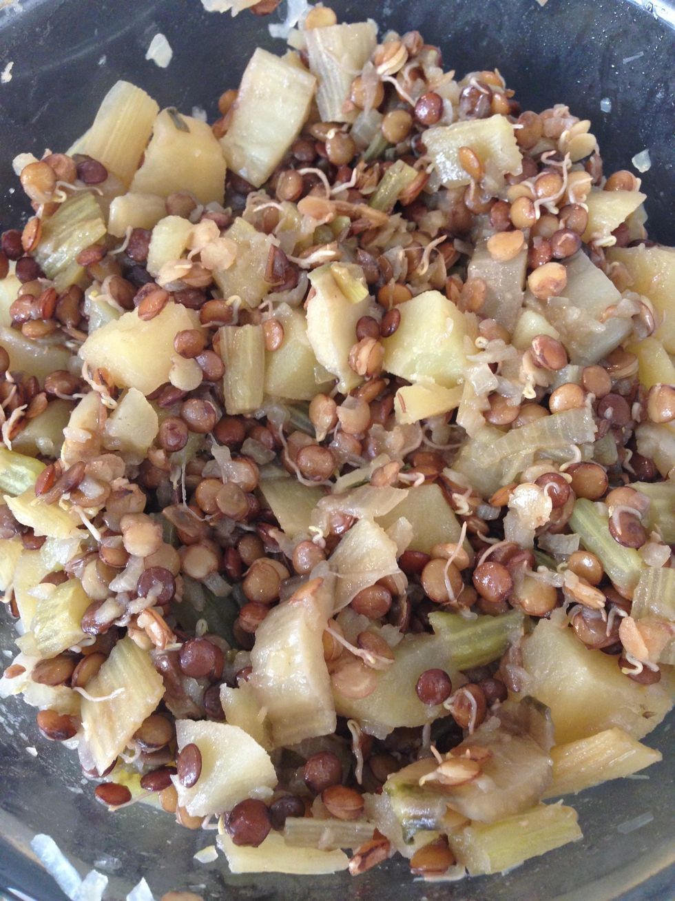 After 1 hr check the texture. I like them al dente. So cook more according to your taste. THEN, Traditionally onions, garlic and coriander are fried in olive oil added to the soup. & lemon juice