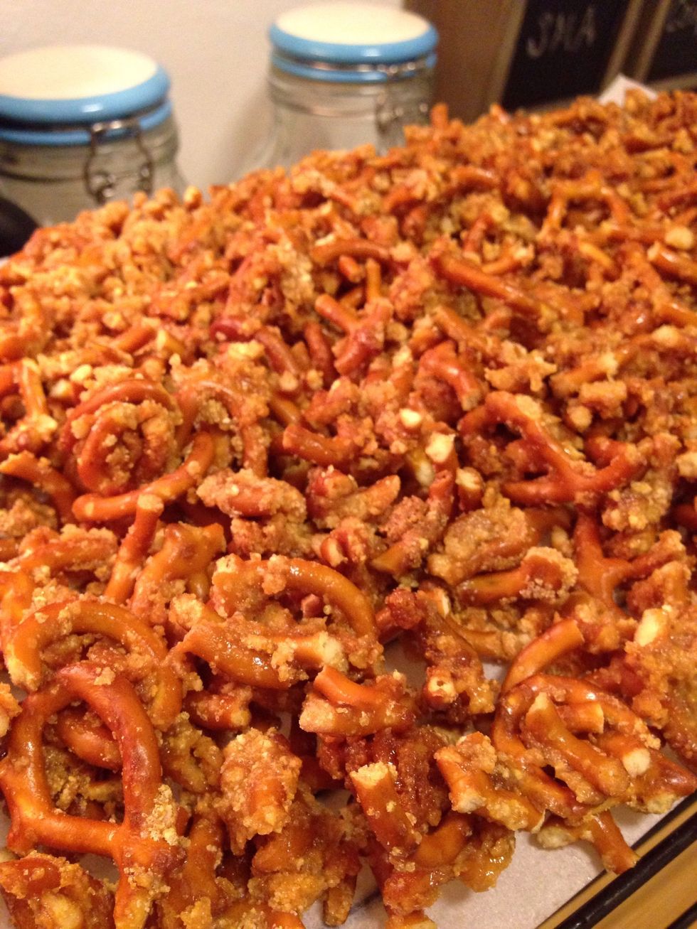 After 10 minutes, move to a cooling rack to finish cooling. Once completely cooled, break apart!