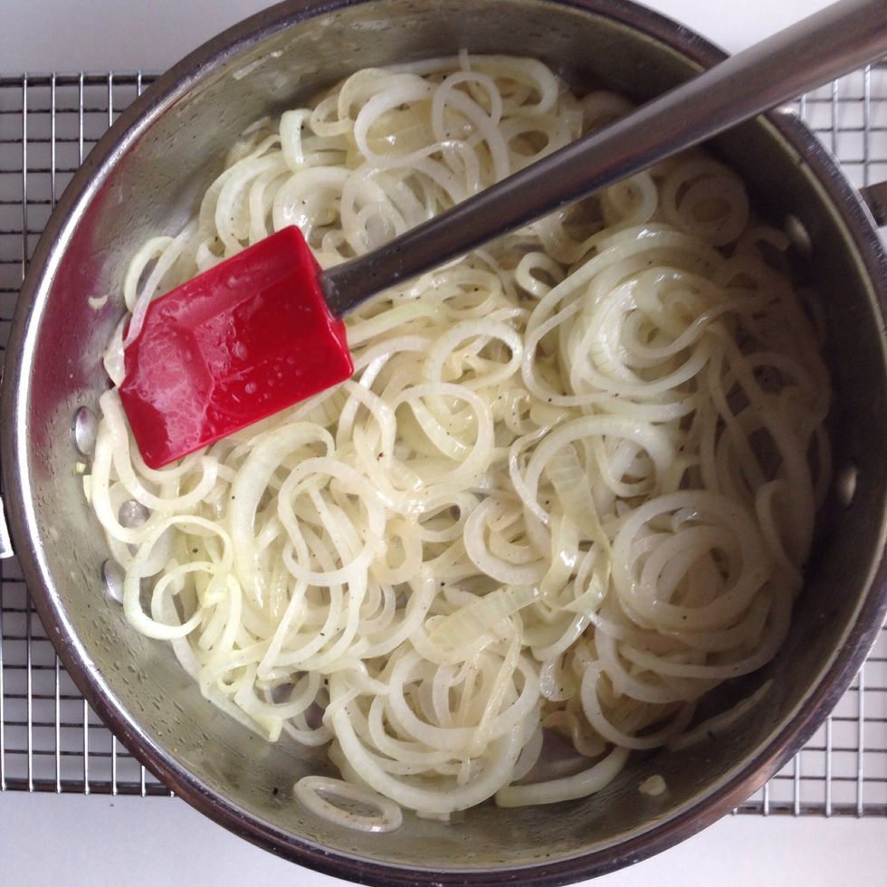 After 10 minutes, onions will look like this. Stir onions, and turn heat down to medium-low. Cook onions for 10 more minutes.