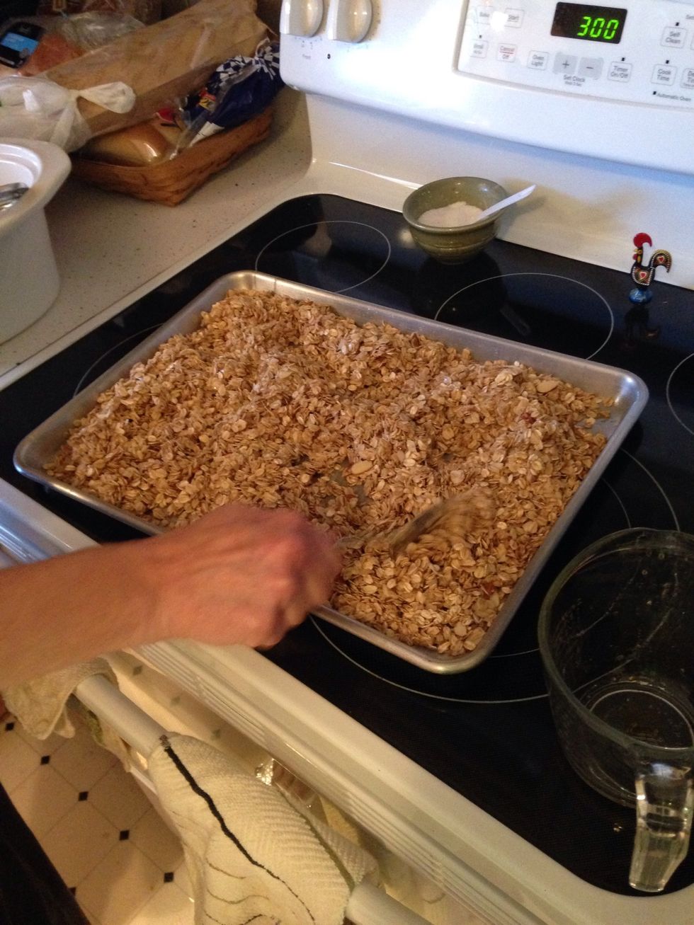 After 10 minutes, stir around the contents throughout the sheet. Repeat this step for 2 more 10 minute increments.