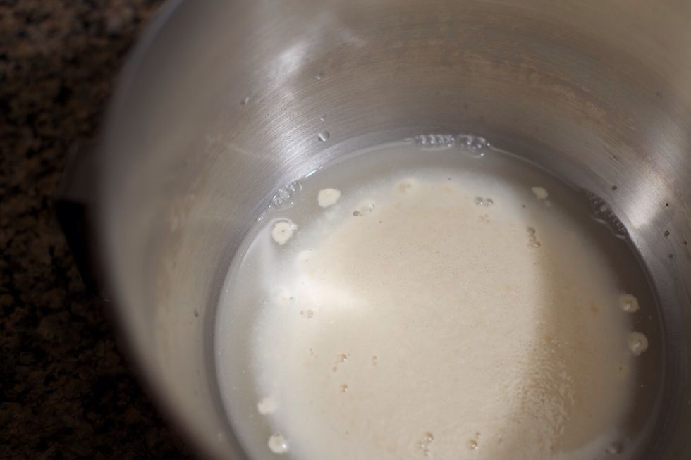 After 10 minutes the yeast mixture should look foamy like this.  If it doesn't, your yeast might be stale.