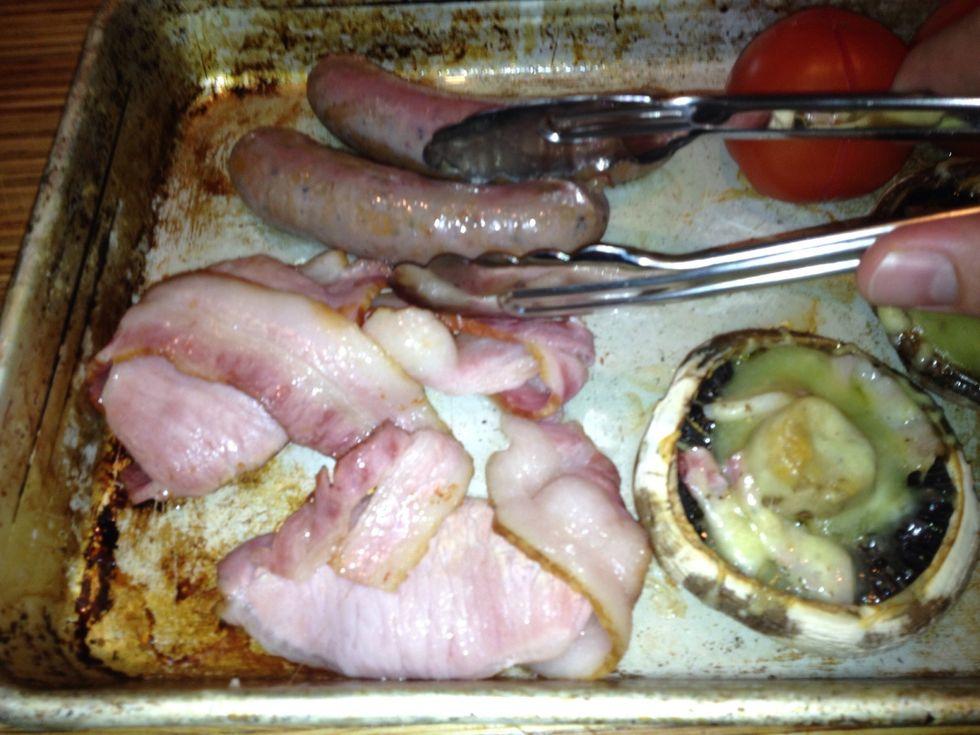 After 10min turn the bacon and sausages