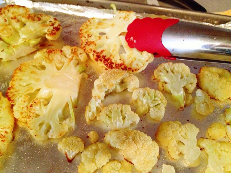 After 15-20 minutes check on he cauliflower... This batch is ready to flip over. We want it nicely browned on both sides.