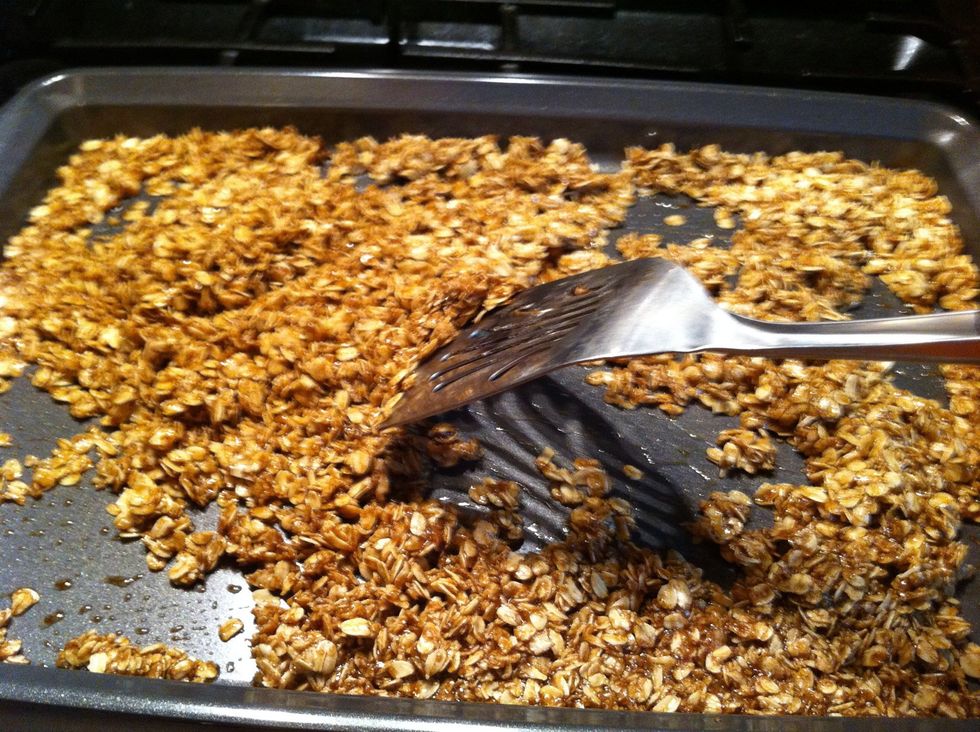 After 15 min. Turn, spread out again, back in oven.