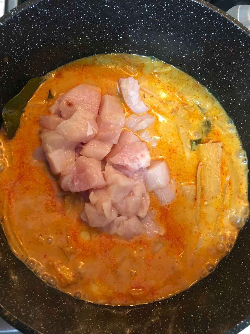 After 15 minutes add up the chicken dice into it