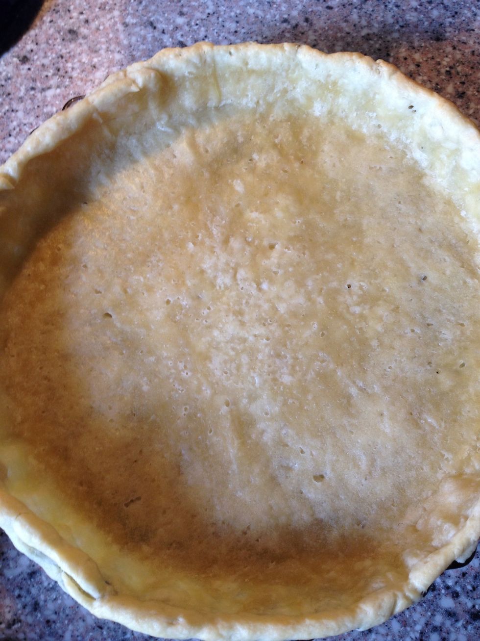 After 15 minutes in the oven I lifted out the beans, using the baking paper. Put the pie crust back in the oven and bake it until the crust is golden brown, 8-12 minutes.