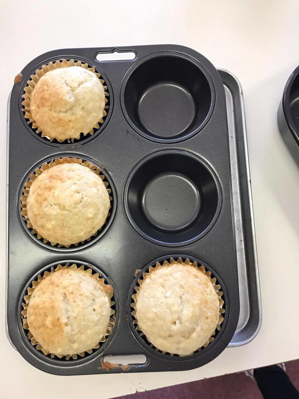 After 18 minutes the cupcakes should look like this and to make sure it is cooked fully poke a toothpick into the cupcake and if it comes out clean the cupcake is cooked fully