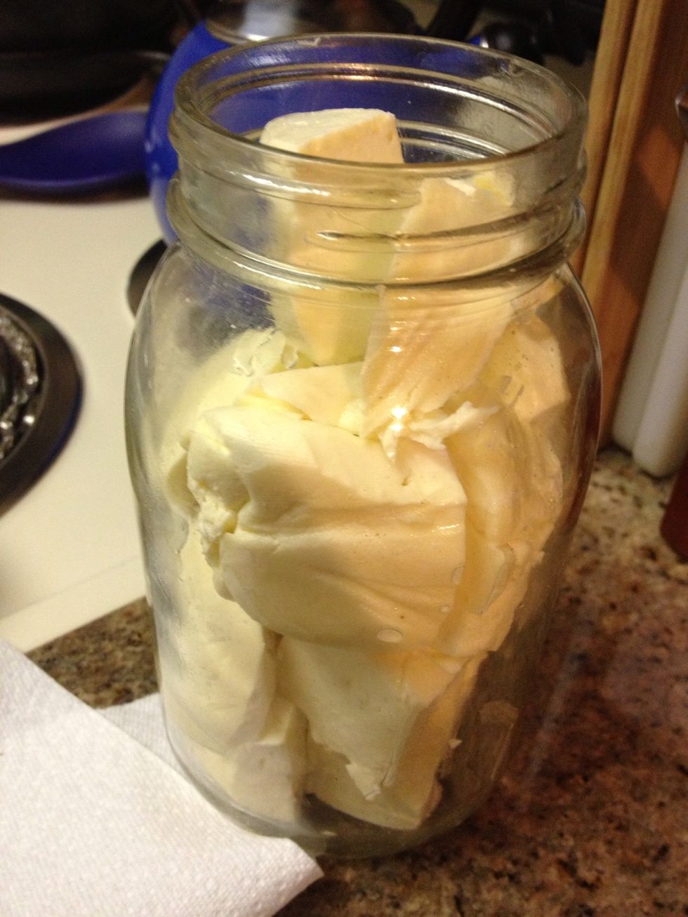 After 2-3 days on the counter put the feta chunks into a quart sized canning jar and mix 2 cups of bottled water with..