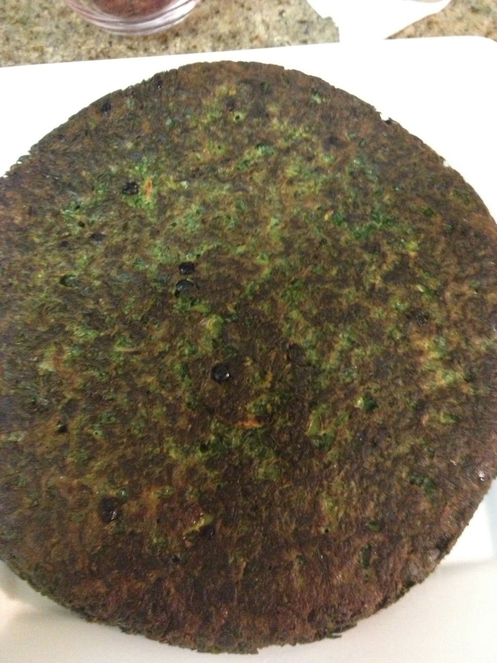 After 2-3 min on high heat turn to low and cover for 15 min, then hold the lid securely to the pan and flip the pan over, if fully cooked the kookoo will separate clean, cook the other side for 10 min