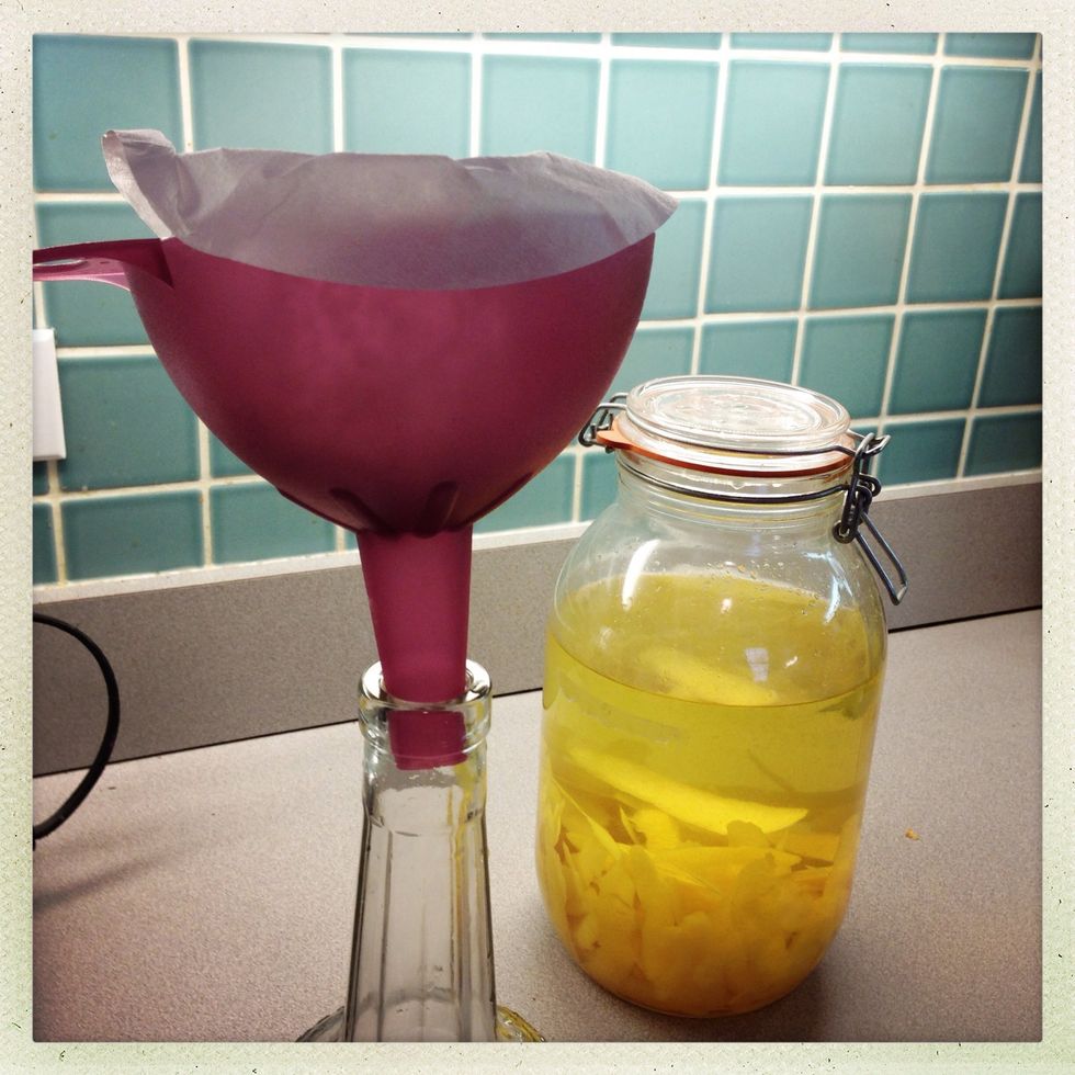 After 2 or 3 weeks you have a beautiful sweet yellow liquor. Strain through a coffee filter or cheesecloth.