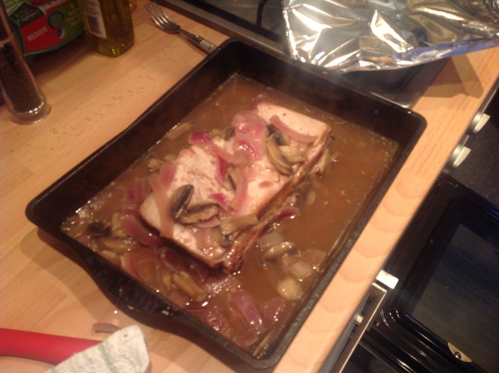 After 20 minutes give the meat juices a stir and layer some of the veg on top to keep all of the meat moist