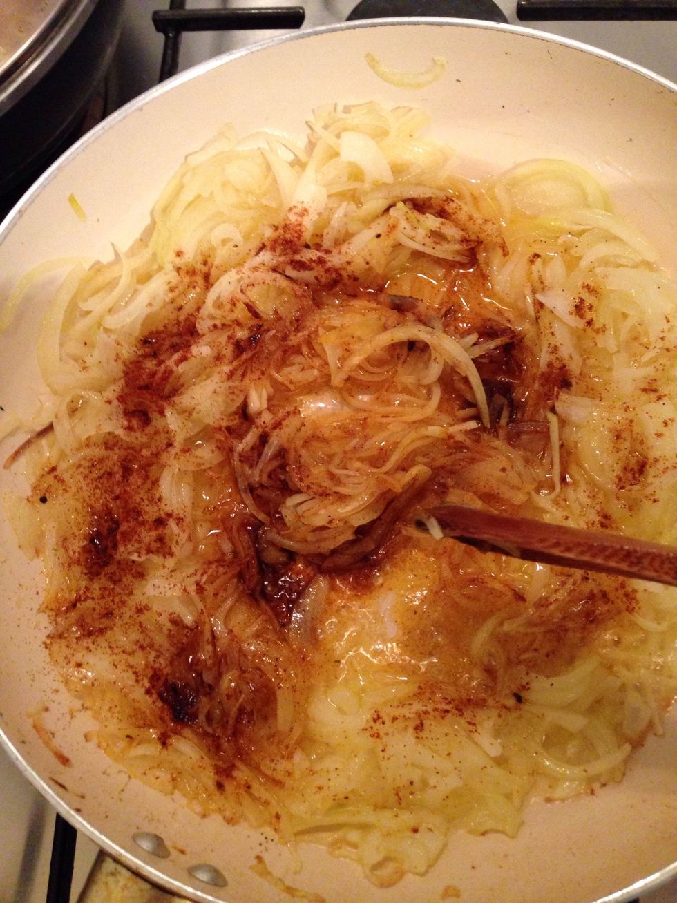 After 3-5 minutes season the onion with a little bit of salt and the spices