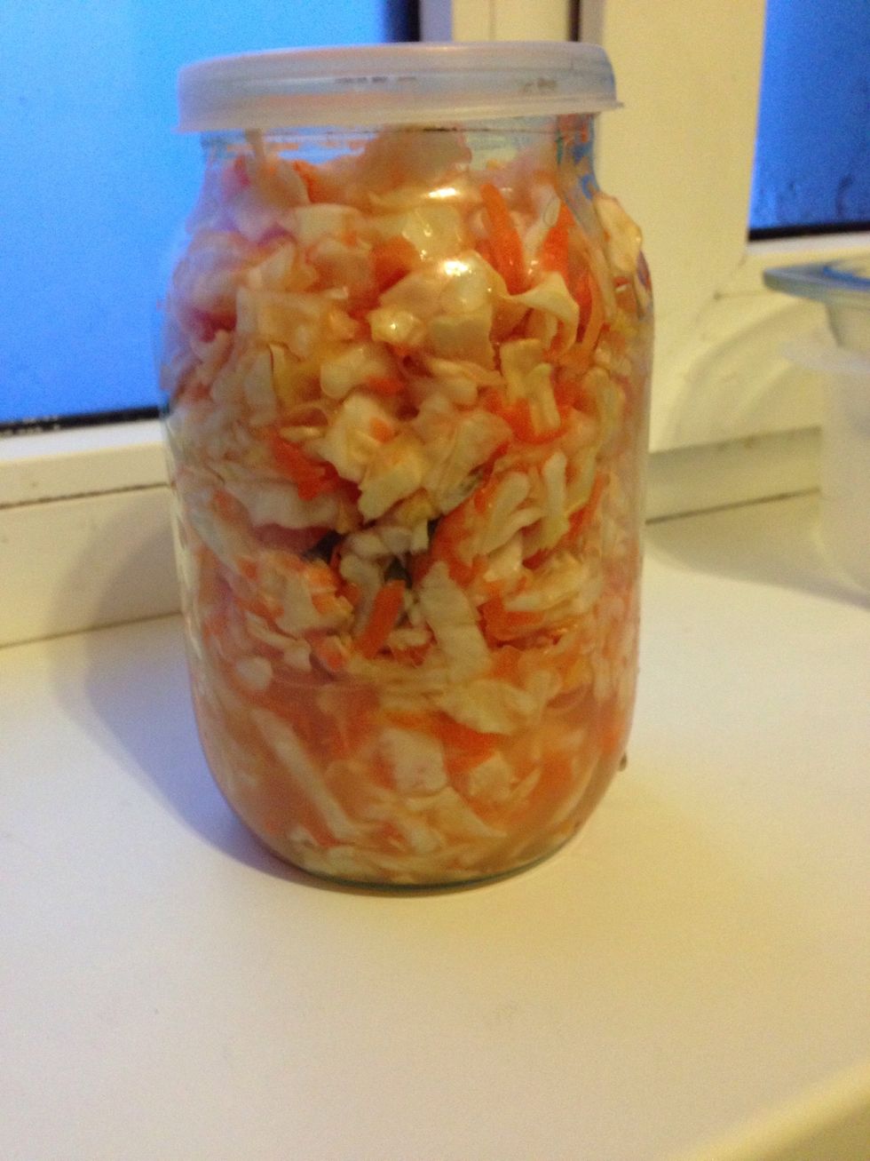 After 3 days the cabbage should be crunchy and also a bit acidic. Put it in a jar and keep it in the fridge.