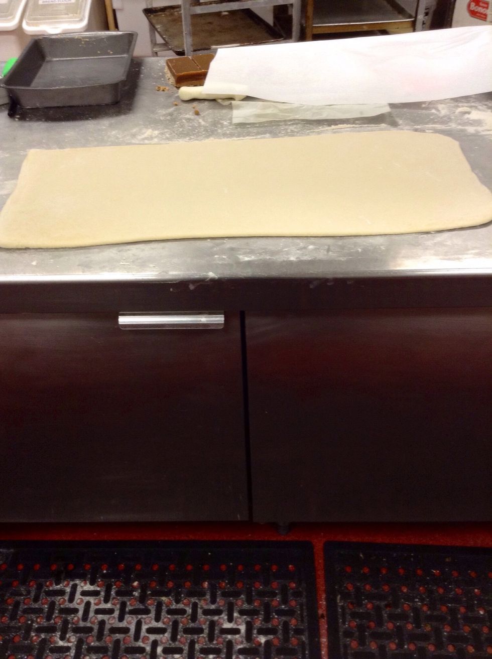 After 3 or 4 roll and folds roll out dough about 2 or more feet depending on how many croissants you want, although I prefer thicker ones, about a quarter of an inch thick. And about 12 inches height.