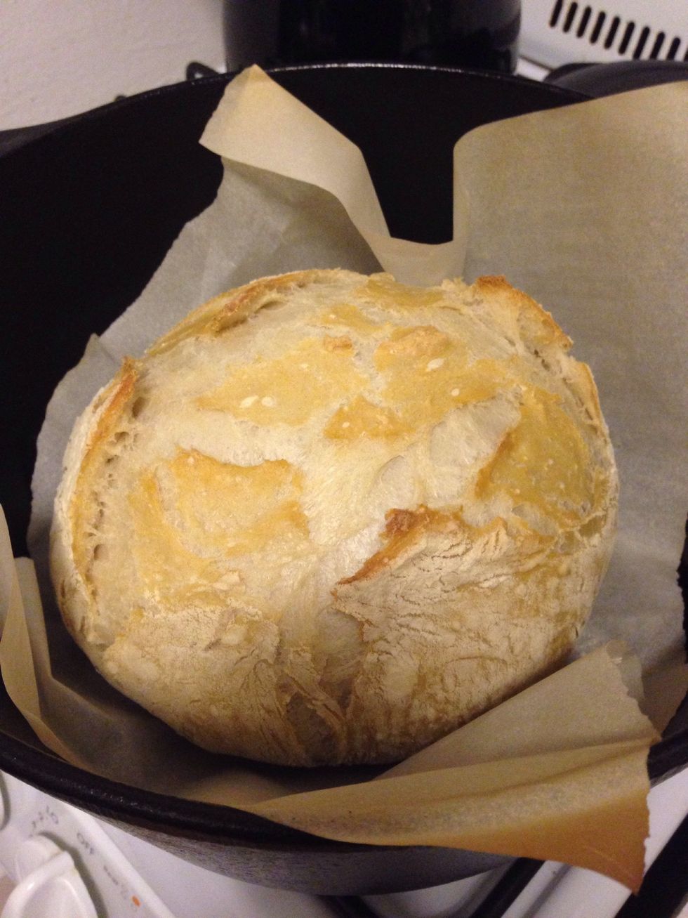 After 30 minutes of baking, remove the Dutch oven lid and place the bread back in the oven for 15 more minutes to finish baking and get golden brown and crusty!