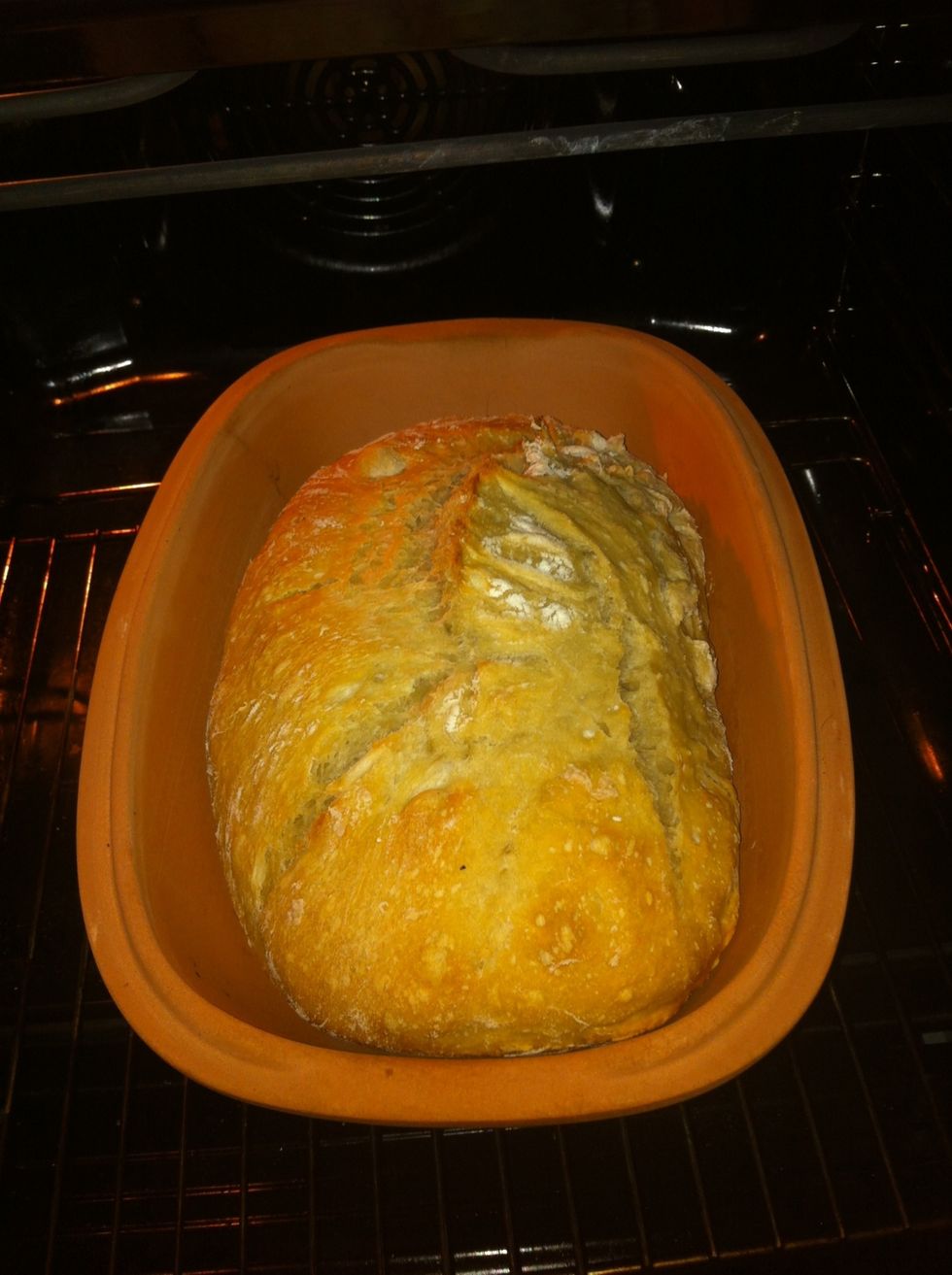 After 30 minutes your bread should look like this. Remove the lid and let your bread cook for another 10-15 minutes. Check up on your bread once or twice to make sure it does not get burned.