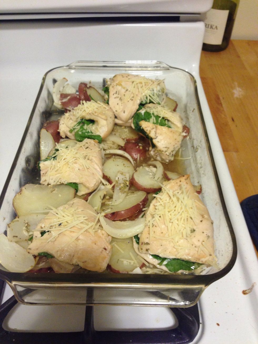 After 35 mins are up, take the pan out of the oven and top with more Romano cheese. About 1 tsp per breast.