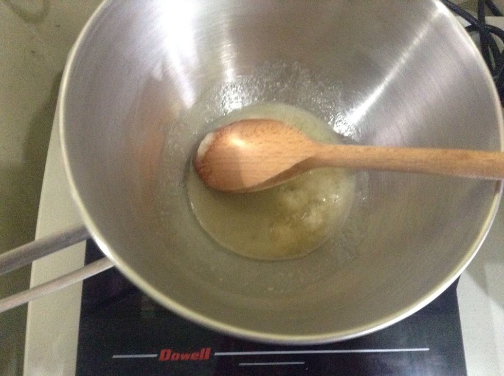 After 3min. place the gelatin mixture on top of double broiler and heat and stir until dissolved.