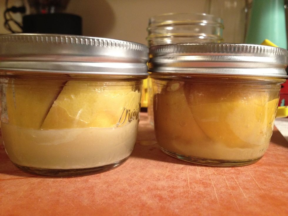 After 4-6 weeks lemons should intensify in color. Be sure to shake jar weekly after the first week. When the color has darkened, lemons should be ready. Lemons on right are ready to eat