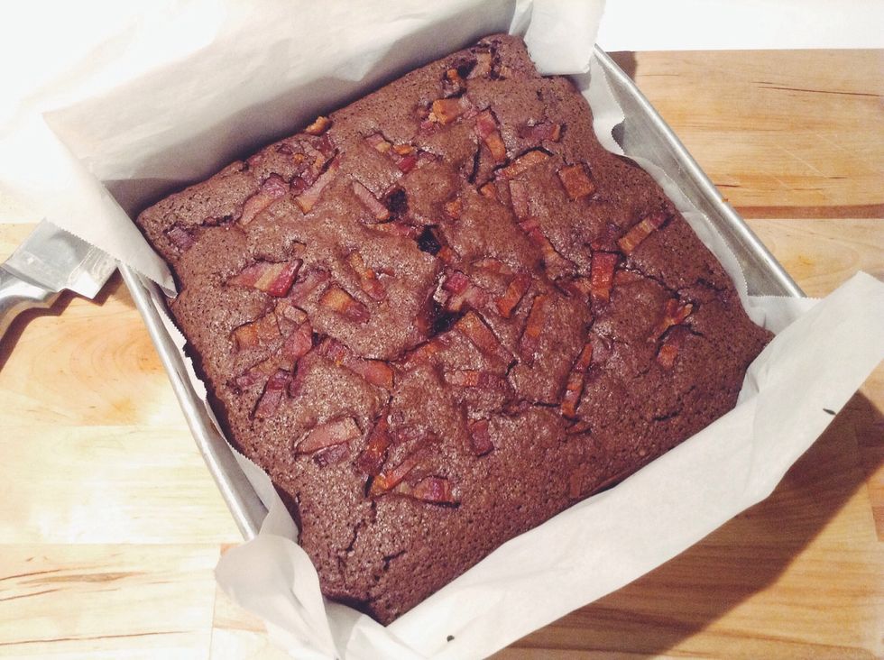 After 40 minutes check your brownies by poking with a skewer or toothpick. The brownies should be moist but not wet, like a moist cake. Let cool for 10 minutes.