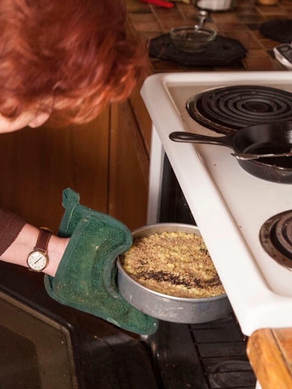 After 40 minutes, remove the foil, turn your oven to broil and pop the cake back in on a broiler rack with the broiler on high. Let it bake for another 10 minutes or until a crust forms.