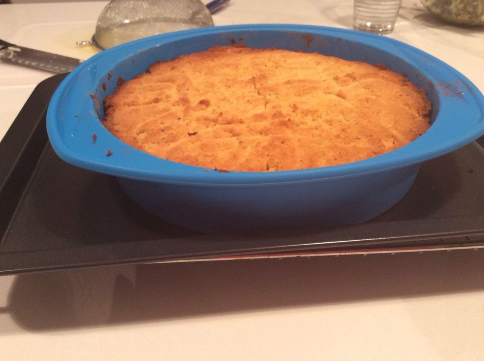 after 45 minutes or once a skewer comes out clean take the cake out of the oven. It should be a golden brown colour.