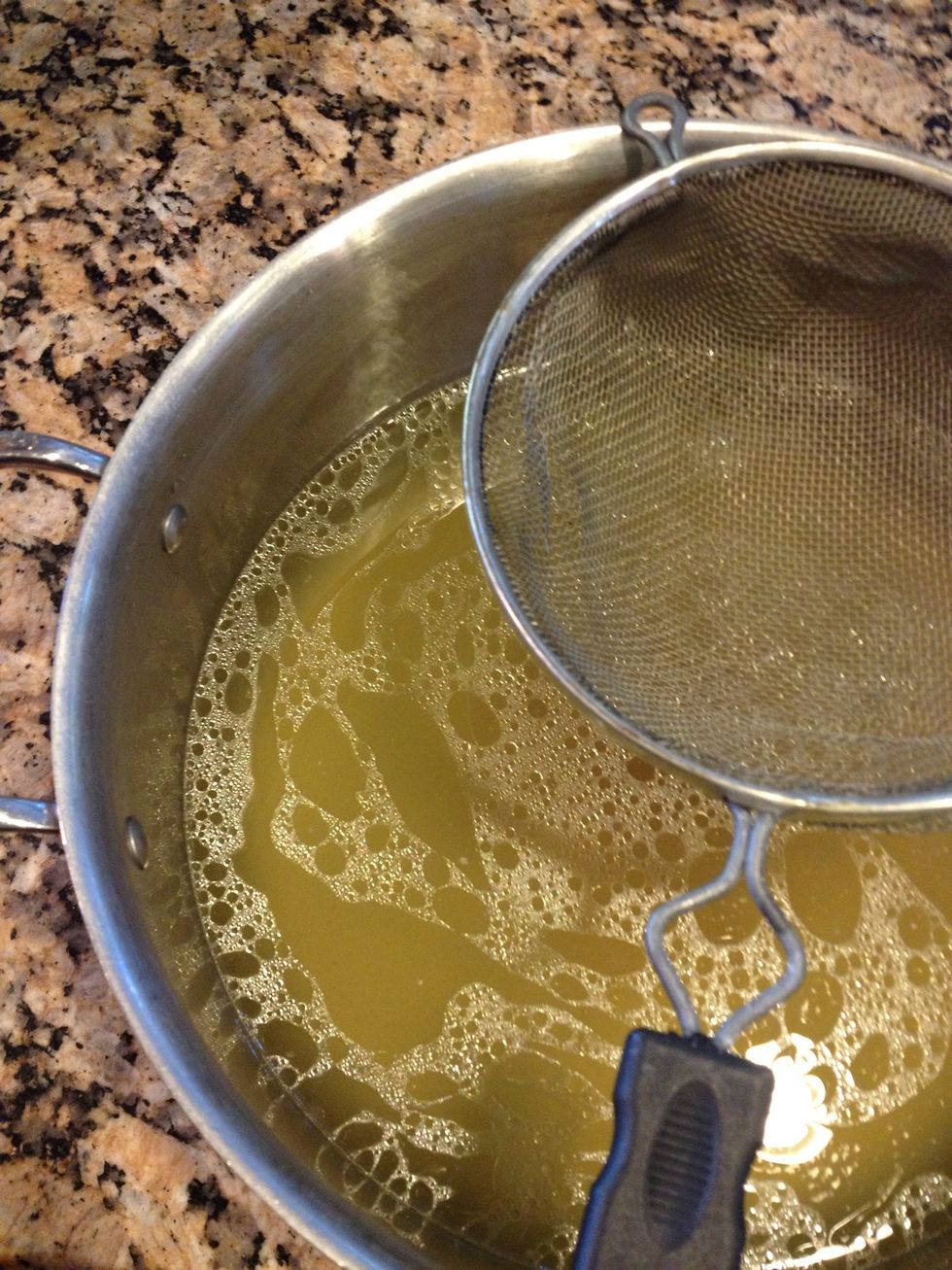 After 45 minutes, strain your stock and place cooked chicken aside as to rest. Not cutting into the chicken for about 15 min will allow it to stay moist.