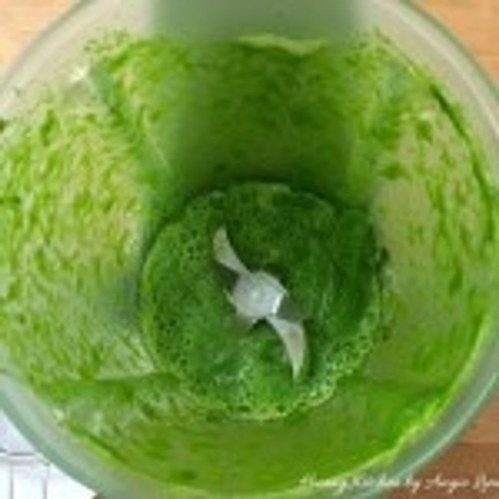 After 48 hours (2 days), make some pandan juice by blending some pandan leaves with water. Then strain the blended pandan juice.