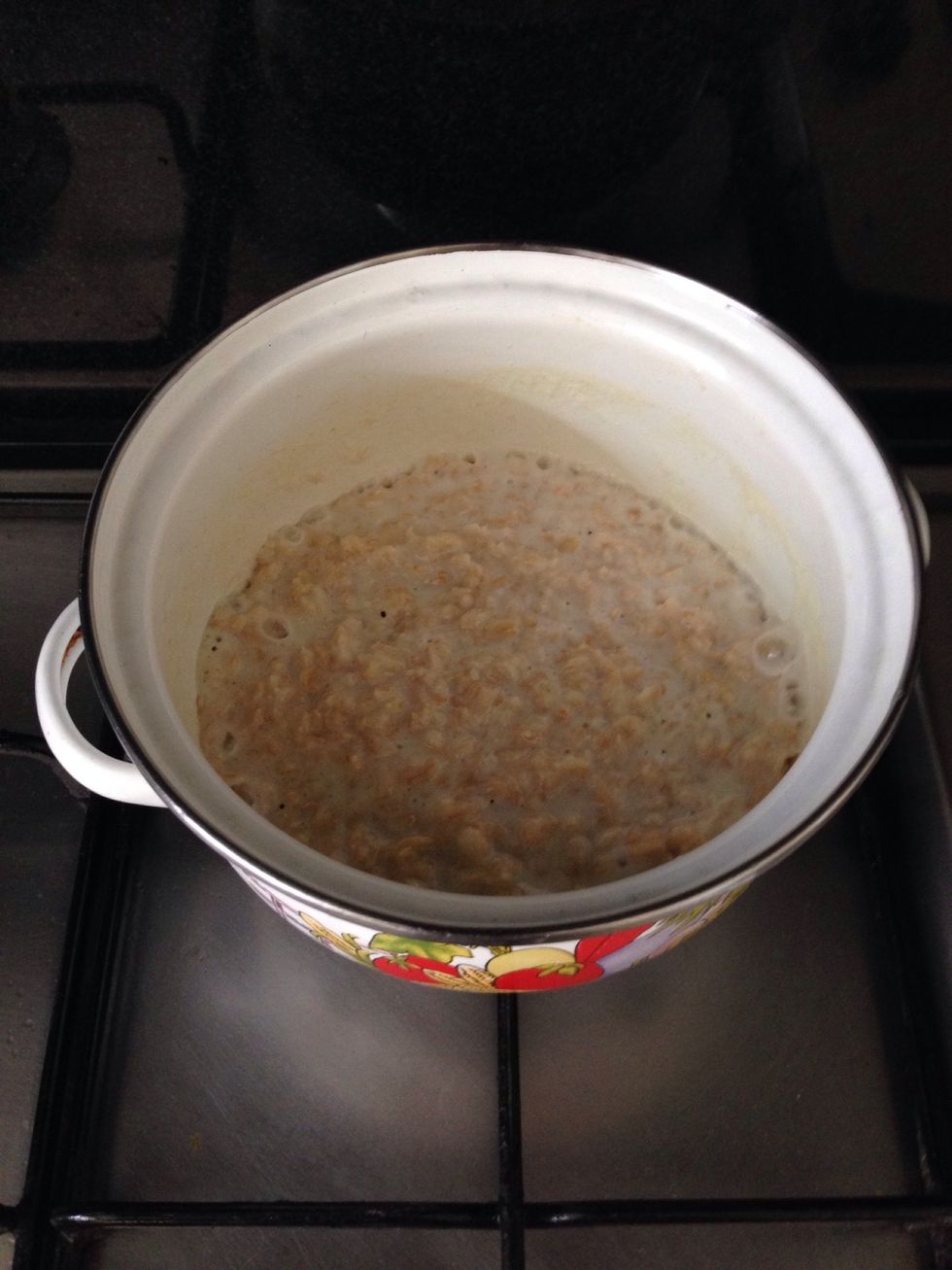 After 5 minutes it should look like this; thickened with a bit of milk left over. Make sure that it doesn't overcook as it will become hard to stir.