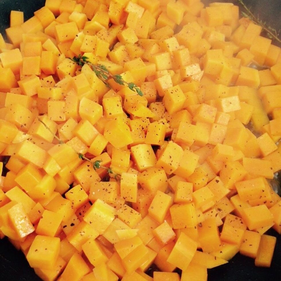 After 5min add some water and season with salt and pepper to taste