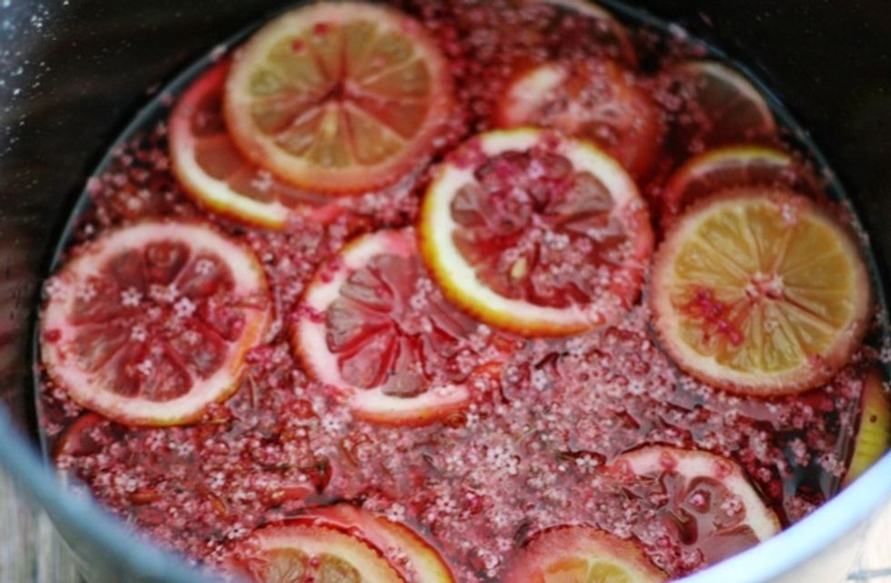 After a day or two you will see that the lemons and flowers have broken down a bit. You are now ready to strain through cheesecloth and then bottle in sterilized bottles.