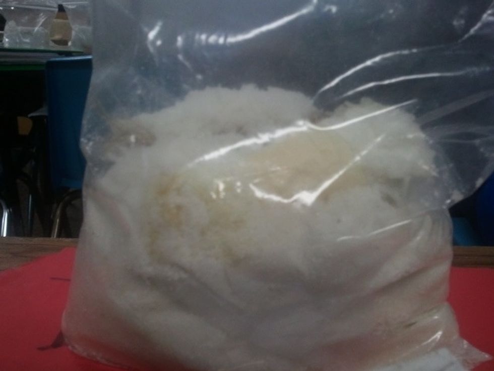 After a few days, students will notice some hardened yellow sections.  This means the natron has absorbed all it can now and should be changed.  The used natron can be saved and used again once dry.