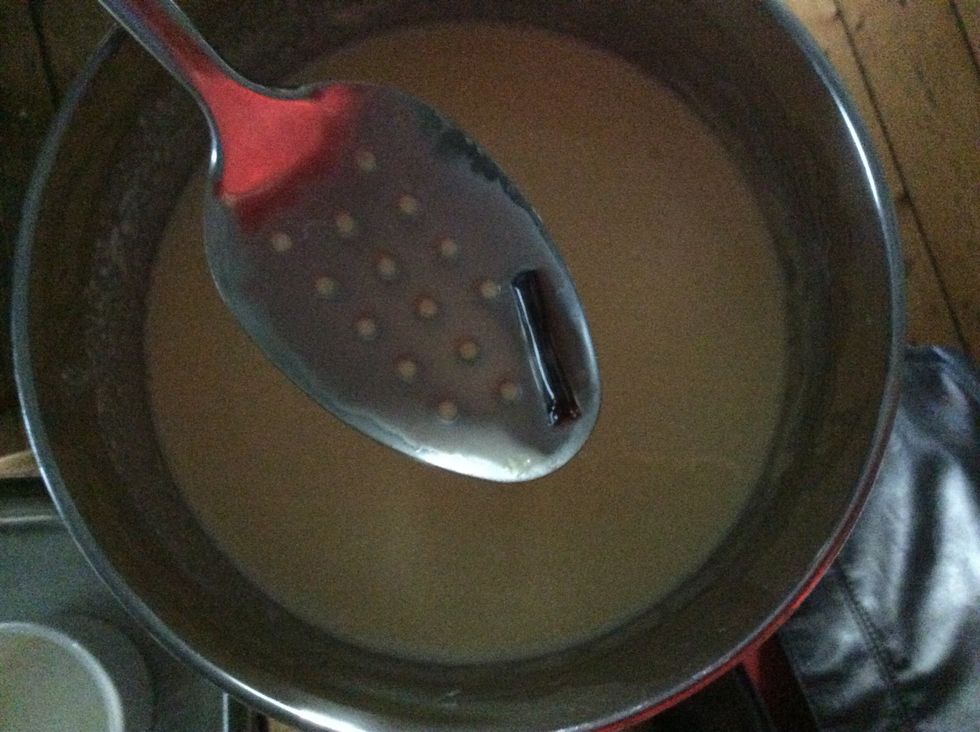 After a few minutes on medium heat take out the vanilla bean and pour the mixture into plastic jug