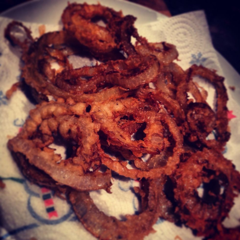 After a few minutes the rings should puff up and turn golden brown. Remove from the oil drain onto a piece of kitchen roll.