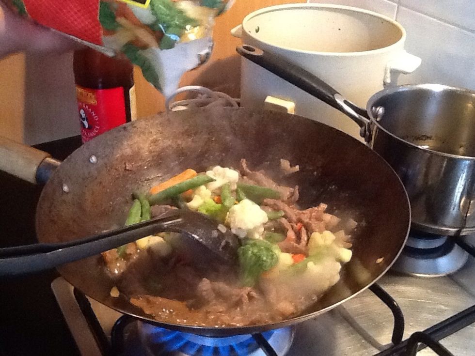 After a few more stirs, begin to add your vegetables. (2 cups)