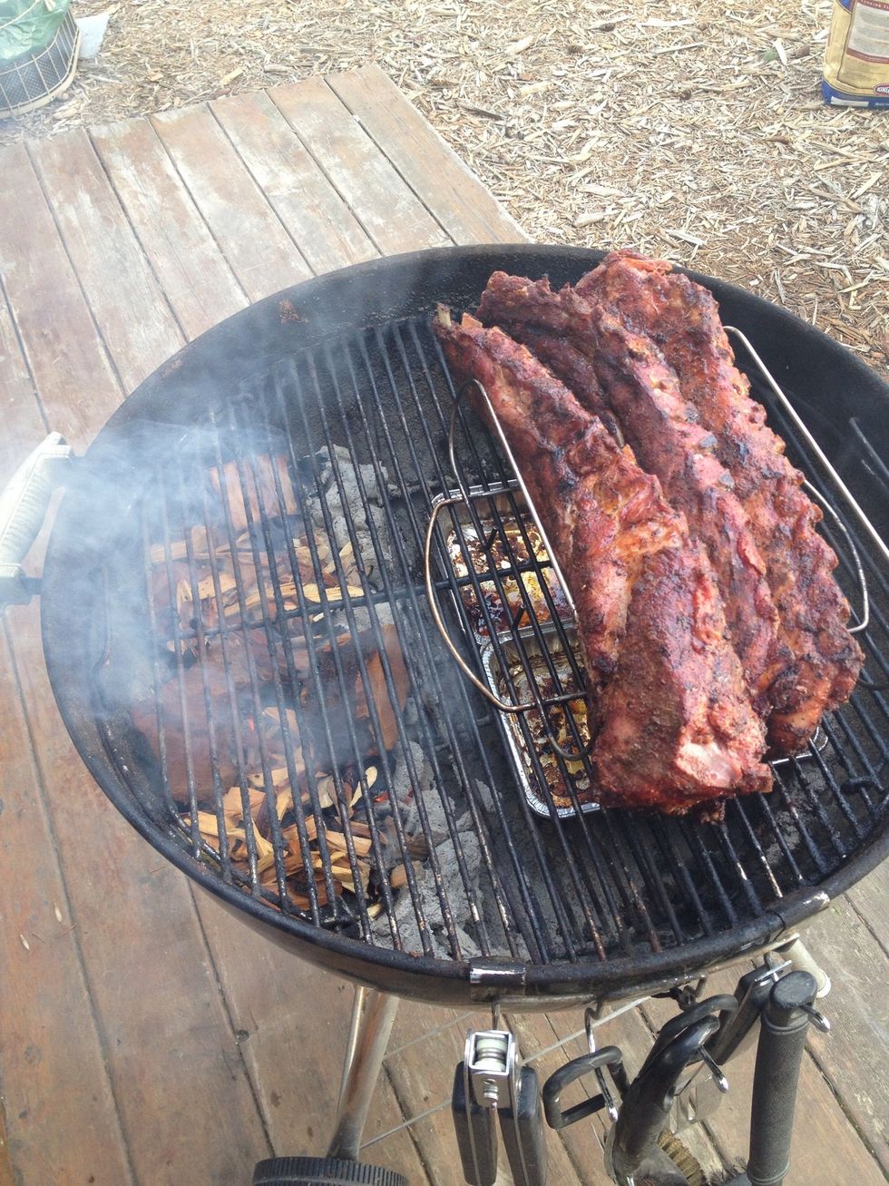 After a few rotations, place ribs in rack. Place applewood chips/chunks to hot coals. Recover the grill.