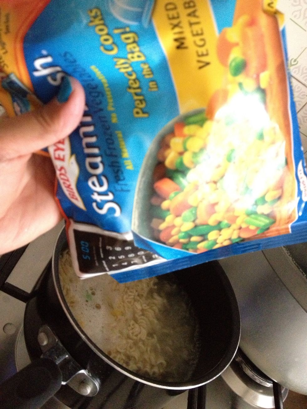 After a min add a half cup of mix vegies (or the amount u desire)