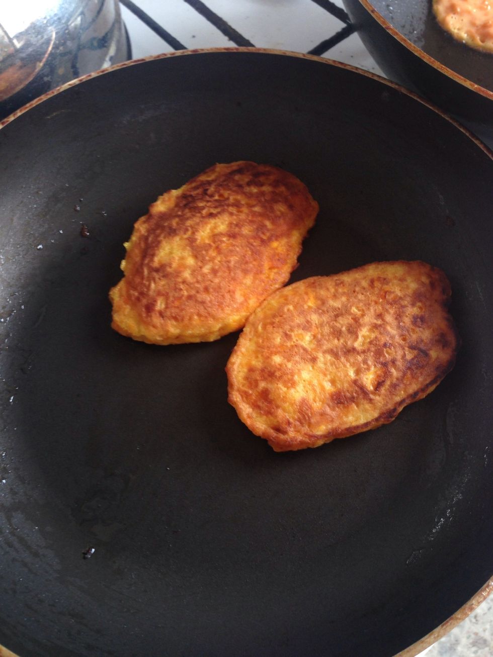 After a minute (or two) turn the pancakes on the other side