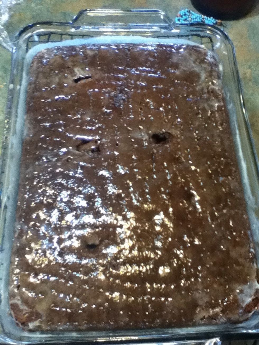 After a while it will all soak in. I would Recommend making this cake the day before you serve it or at least a few hours.